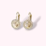 Златни обеци Дървото на живота 14K с камъни диск 9 мм